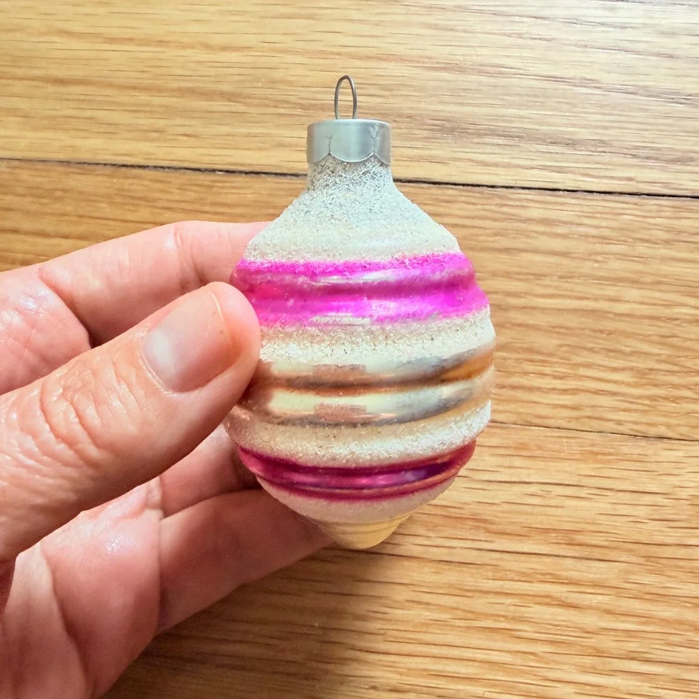 George Franke Pair Christmas Ornaments Beehive Pink Striped Mica USA MCM 1950's